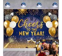 2026 Happy New Year Backdrop 6x4ft Royal Blue Gold Glitter Fireworks Champagne Photography Background Cheers to The New Year Banner for Hello 2026 NYE Party Supplies
