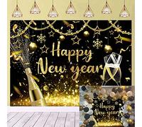 2026 Happy New Year Backdrop Black Gold Glitter New Years Background for 2026 New Years Eve Party Decoration Supplies 7x5ft