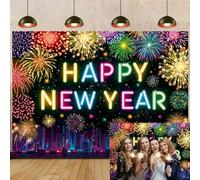 2026 Happy New Year Backdrop Neon Fireworks New Years Eve Party Background 2026 NYE Family Party Decorations Photo Background (8X6FT(94 x 70 inch))