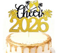 2026 Happy New Year Cake Topper, Black&Gold Glitter Hello 2026 Cake Picks Cheers To 2026 Cake Toppers For New Year Eve Party Decorations