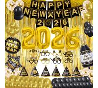 2026 Happy New Year Party Supplies - Hats, Banner, Glasses, Foil Balloon and Fringe Curtains, Swirls, Confetti, New Years Eve Black and Black Party Decoration Decor Kit