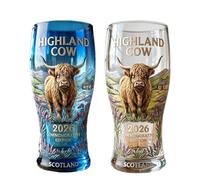 2026 Highland Cow Commemorative Glass, Premium Crystal Beer Glass with Highland Landscape, Vintage Farm Animal Design Stained Drinking Glasses, for Beer, Coffee Lovers, Souvenir Gift (Blue+Clear)