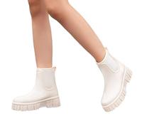 2026 Ladies Boots for Women, PVC Rubber Garden On Ankle Winter Block Heel Leather Rainy Days City Walking Women Chelsea Waterproof Non Slip (33) White