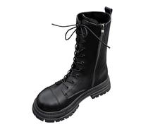 2026 Ladies Round Toe High Chunky Heel Solid Color Strappy Zipper Mid Large Size Boots Ankle Short (Black, 5.5)