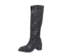 2026 Ladies Snow Boots Cowboy for Women Tall Bling Pointed Toe Low Chunky Stacked Heel Pull On Tabs with Side Zipper Wide Glitter Fashion Party Retro Classic (Black, 5)