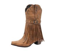 2026 Ladies Snow Boots Cowboy for Women Western Boot Pointed Toe Low Chunky Heel Tassel Decoration Booties Shoes (Brown, 4.5)
