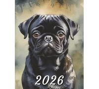 2026: Large Monthly Calendar Planner - Watercolor Black Pug Dog