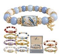 2026 Limited Edition Blessing Birds Bracelet with Premium Gift Box, Bracelet with Pink Multicolor Beads Elastic Stretch, Bee Hummingbird Blessing Bracelets for Women Elastic Gemstone Beaded Bracelet