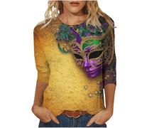 2026 Mardi Gras Tops for Women UK Casual 3/4 Sleeve Carnival Mask Graphic Shirts Dressy Comfy Crew Neck Loose Fit Blouse Ladies Elegant Lightweight Going Out Tunic Tee