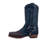 2026 Mens Chelsea Boots Men's Mid Calf Square Toe Embroidered Western Style Leather Side Zipper Low Heel Comfortable Durable (Dark Blue, 8.5)