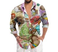 2026 Mens Easter Fashion Digital 3D Printed Long Sleeve Button Down Shirt Top, brown, 3XL