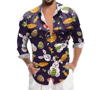 2026 Mens Easter Fashion Digital 3D Printed Long Sleeve Button Down Shirt Top, darkblue, L