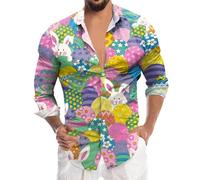2026 Mens Easter Fashion Digital 3D Printed Long Sleeve Button Down Shirt Top, pink, 3XL