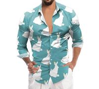 2026 Mens Easter Fashion Digital 3D Printed Long Sleeve Button Down Shirt Top, sky blue, XL