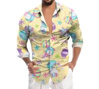 2026 Mens Easter Fashion Digital 3D Printed Long Sleeve Button Down Shirt Top, yellow, L