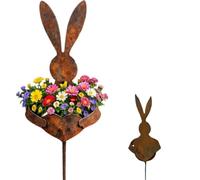 2026 Metal Rabbit Garden Stake with Planter Holder, Rustic Bunny Yard Decor Silhouette, Antique Patina Lawn Statue, Whimsical Spring Flower Bed Ornament for Outdoor Patio and Garden Display