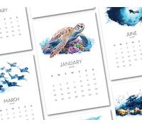 2026 Monthly Office Desk Calendar - Ocean Life - Scuba Diving - Watercolor Style - Annual 12 Month - 4” x 6” Cards - Calendar Card Refill