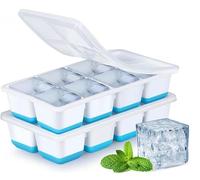 2026 New 3 in1 Ice Cube Trays with Lid, 2 Pack Stackable Silicone Ice Cube Molds for Freezer, Easy Release 16 Big Square Ice Trays for Whisky Cocktails (Blue)