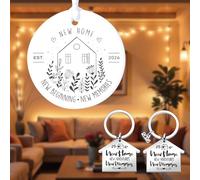 2026 New Home Ornament Set, White Ceramic Circle Ornament with 2 Keychains, House Warming Gift for Couples Friends Women Teachers, New Beginning Home Decor