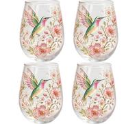 2026 New Hummingbird Morning Bliss Glass Tea Cup, Embossed Floral Hummingbird Coffee Mug, 14oz Elegant Pink Glass Tumbler for Hot & Cold Drinks, Gift for Mom Women Bird Lovers Tea Lovers (4pc)