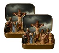 2026 New Mini Christmas & Easter Nativity Set in a Tin Box - Mini Easter Jesus Classic Scenes - Small Pocket Nativity Sets & Figures, Easter Decoration Indoor for Home Gifts Decor (2, A)