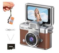 2026 New Mini Digital Camera with 1.47 in LCD Screen 1080P, Mini Keychain Retro Camera with 64GB Card - Flip Screen, Minis Keychain Cameras, Lanyard and Built-in Flash (Brown)