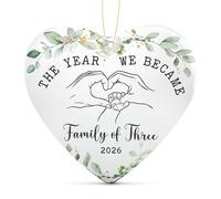 2026 New Parents Gift, Heart Shaped Ceramic Baubles, 8cm Double-Sided Print Baby's First Christmas Ornament with Gold String, for A Family of Three, Baby Shower