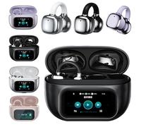 2026 New upgrade AI translation bone conduction Ear Clip Bluetooth Headphones with Touch Screen, Open Ear Earbuds Wireless Bluetooth 5.4, Clip On Earbuds with LCD Touchscreen (Black)