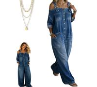 2026 New Wide-Cut Overall with Wide Legs and Pockets, Women's Dungarees Summer, Airy Denim Overall Women's Summer, Cold Shoulder, Adjustable Straps, Button Placket, Putting on and Taking Off(A,XL)