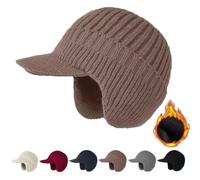2026 New Winter Hat with Brim and Ear Flaps for Men, Beanie Knitted Hat with Fleece Lining, Warm Ear Protection (UK, Alpha, One Size, Khaki)