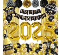 2026 New Year Decorations, Black and Gold Theme Party Decoration with 2026 Foil Balloon, Banner, Champagne and Present Box Balloon for New Year Eve Party 2026