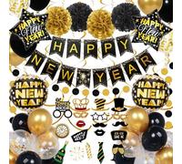 2026 New Year Decorations Happy New Year Banner and Black Gold Balloons Photo Props & Hanging Swirls Paper Pom Poms Black Gold Polka Dot Garland Supplies