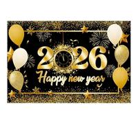 2026 New Year's Eve Decorations Banner, Happy New Year 2026 Banner Backdrop, Black Gold Clock Fireworks Theme Backdrop, 125x80cm Photo Booth Banners Supplies Accessories