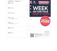 2026 Personal size Week on one page diary & lined notes organiser refill insert white | January 2026 - December 2026 | Compatible with Filofax personal size 6-ring organiers | 95 x 171mm