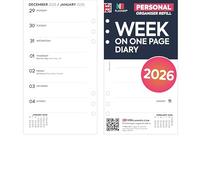 2026 Personal size week on one page diary organiser refill insert | January 2026 - December 2026 | Compatible with Filofax personal size 6-ring organisers | 95 x 171 mm