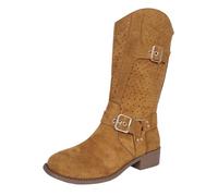 2026 Petite Women Fashion Mid Calf Boots Side Zipper Wellies Walking Suede Block Heel Winter Cold Weather Western Cowboy Knee High Faux Leather (12) Brown