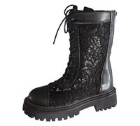 2026 Petite Women Ladies Casual Solid Color Mesh Lace Wellies Walking Boots Leather Lightweight Cold Weather Commute, Office Over The Knee Stretch High Heel (7) Black