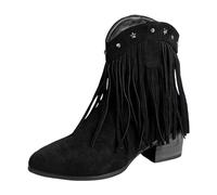 2026 Pointed Toe Thick Heel Short Boots for Women's Autumn and Winter Tassel Retro Temperament Versatile Fashion (Black, 5.5)