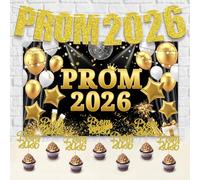 2026 Prom Decorations Set - Large Black and Gold Graduation Backdrop (71"x43"), Pre-Strung PROM 2026 Glitter Banner & 24 Cupcake Toppers - Class of 2026 Graduation Party Supplies, Formal Leavers' Ball