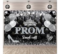 2026 Prom Send Off Backdrop 7x5FT Black Silver Glitter Prom Night Photography Backdrop Congrats Grad Graduation Party Decoration