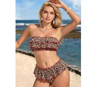 2026 Ruffle Bandeau Bikini Set Two Piece Swimsuits Flounce Tiered Bathing Suits Leopard Print Swimwear with Red Trim, Leopard Print, X-Large