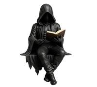 2026 Seated Reaper Reading Book Sculpture | Gothic Dark Fantasy Figure | Sitting Reaper Reading Book Statue | Halloween Hooded Death Resin Figurine for Home Bookshelf Desktop PC Decor