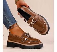 2026 Shoes Women's Elegant Vinyl Trim Slippers Thick Sole Metal Chain Detail Flat Profile, brown, 8.5 UK