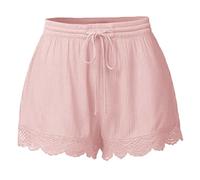 2026 Shorts for Women Casual Elastic Waist Drawstring Yoga Shorts Comfortable Stretch Lace Trim Summer Beach Linen Ruffle Shorts Camp Shorts Men, pink, XL
