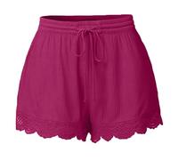 2026 Shorts for Women Casual Elastic Waist Drawstring Yoga Shorts Comfortable Stretch Lace Trim Summer Beach Linen Ruffle Shorts Camp Shorts Men, Hot Pink, XL