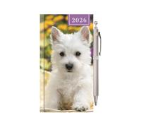 2026 Slim Pocket Diary Week to View & Pen - White Puppy Floral Wallet Size Hardcover Planner - Lightweight Compact Portable Organiser Notebook - Student Travel Diary Gift
