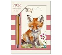 2026 Slim Week to View Diary Boxed Gift Set with Pen - Full Year Hardback Casebound Organiser - Weekly Planner for Home Office School & Work - UK Focused Diaries with Ribbon Page Marker (Fox)