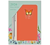2026 Slim Week to View Diary Boxed Gift Set with Pen - Full Year Hardback Organiser - Weekly Planner for Home Office School & Work - UK Focused Diaries with Ribbon Page Marker (Coral Butterfly)