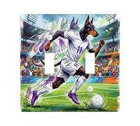 2026 Soccer Doberman Dog Decorative Light Switch Cover Wall Plate 2 Gang Double Toggle, Match Day Puppy Dribble Past Electrical Switchplate, Sport Print Electrical Faceplate