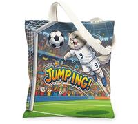 2026 Soccer Persian Cat Canvas Tote Bag for Shopping 13x15, Kitten Jumping Header Shot Reusable Grocery Print Bag for Women, Sport Aesthetic Painting Gift Decor